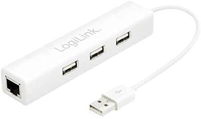 USB to Fast Ethernet adapter with USB Hub, USB A plug, RJ45 socket, USB A socket x3